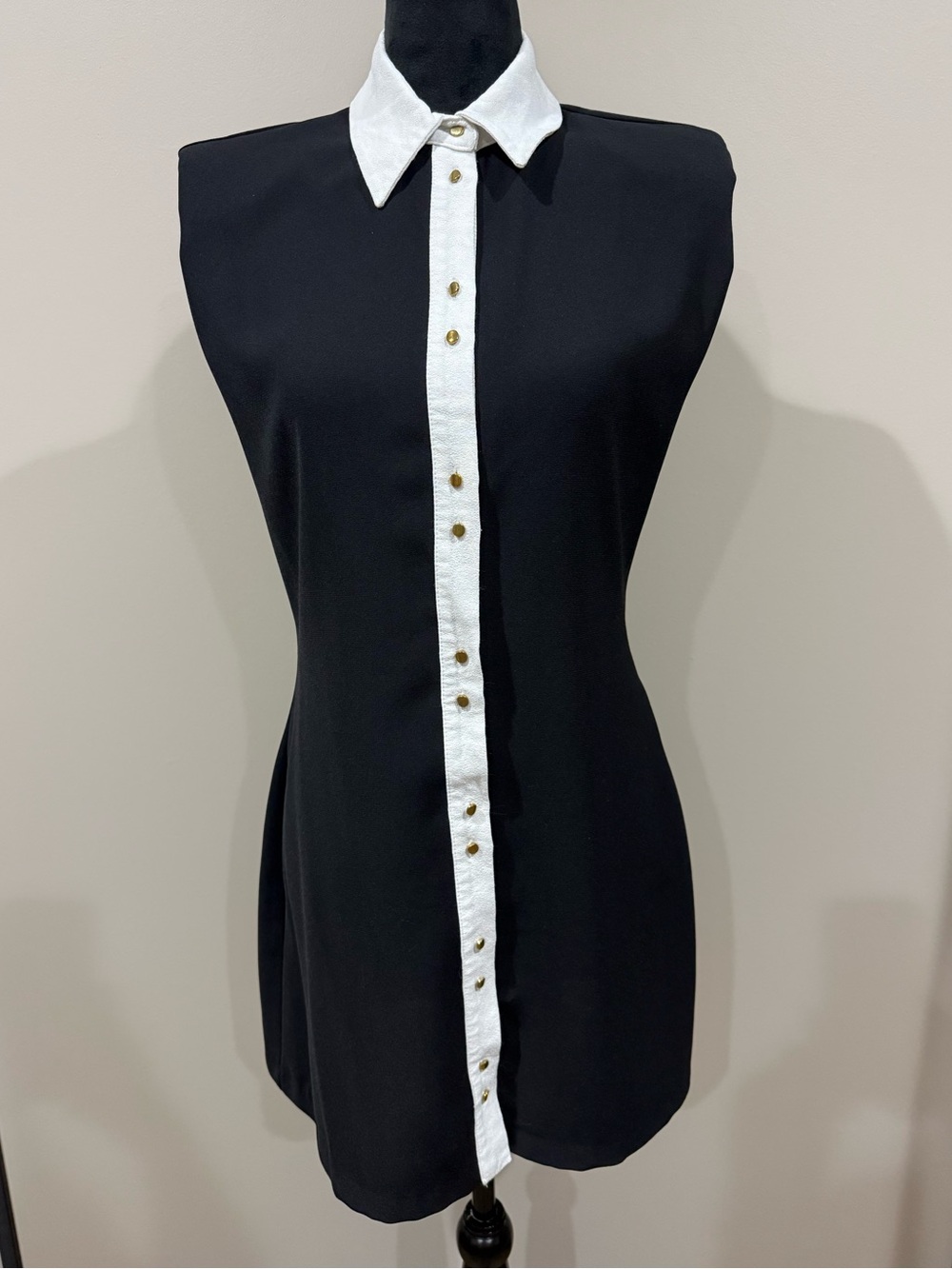 Zara Black Sleeveless Crepe Mini Dress White Contrast Collar Placket - Small